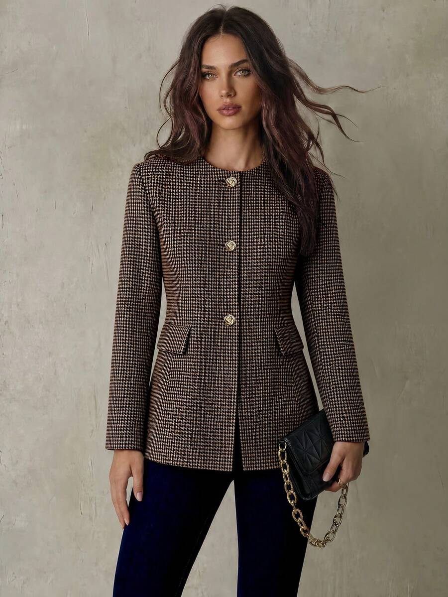 Trelyra Round Neck Solid Color Metal Button Decor Hem Patchwork Commuter Blazer - Multicolor - View 1