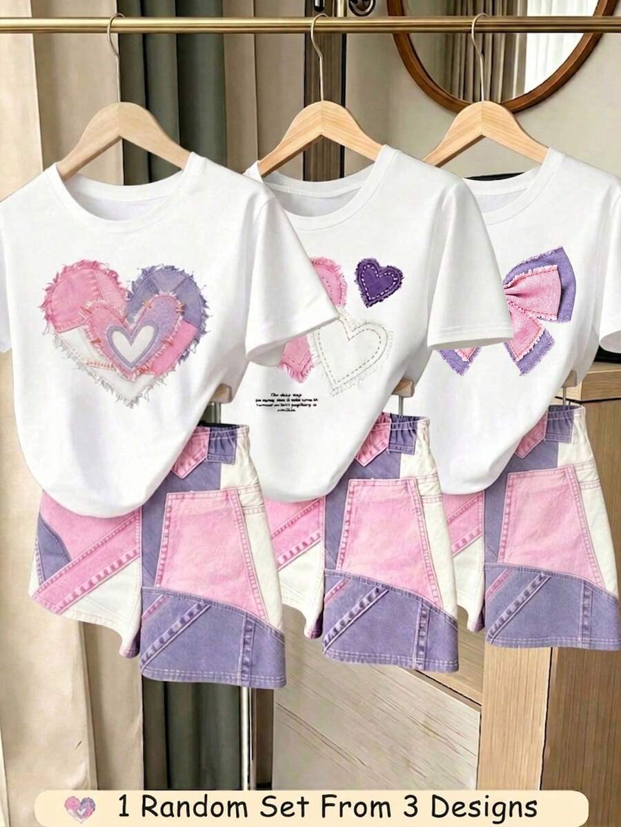 SHEIN 1組隨機款 2件組女童幼兒夏季新款軟布料愛心蝴蝶結印花圓領短袖T恤與鬆緊腰寬鬆短褲,簡約 - 彩色 - 查看 1