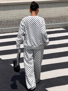 Muchica 女款波點牛仔長袖上衣與長褲休閒日常套裝 - 黑與白 - 查看 2