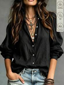 SHEIN Women's Solid Color Single-Breasted Casual Versatile Daily Wear Shirt - Black - View 3