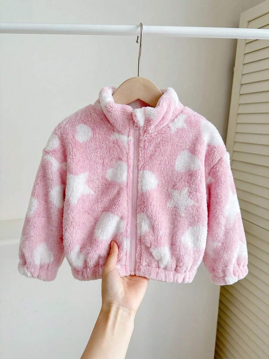 SHEIN LMoss Baby Sweet Casual Heart Pattern Plush Stand Collar Jacket, Great Choice For Autumn/Winter - Pink - View 1
