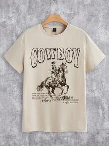 Azurnel Vintage Wild Cowboy Poster Print Casual Slim Fit Khaki Short Sleeve T-Shirt For Men - Khaki - View 3