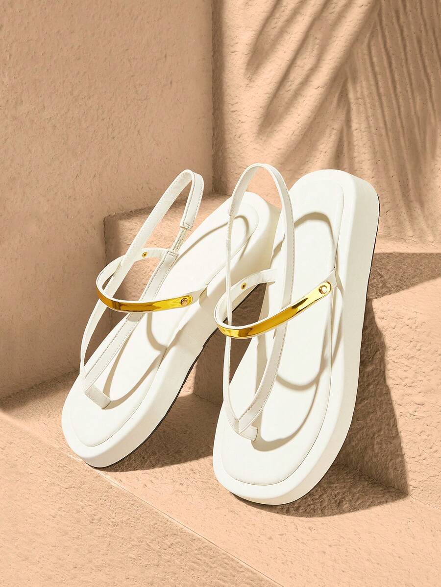 HighSole 女款舒適休閒厚底綁帶方頭夏季日常通勤極簡白色夾腳厚底涼鞋 - 白色 - 查看 1