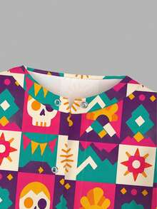 PopScrub Jaket Seragam Perawat Motif Tengkorak Blok Geometris Warna Pink, Kardigan Leher Bulat Mode Musim Semi/Gugur dengan Desain Tali Telinga, Atasan Seragam Perawat Wanita, Hari Orang Mati - MultiWarna - View 4