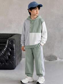 SHEIN 兒童青少年男孩服飾 男童連帽衫 男童運動長褲 配色連帽衫與運動長褲兩件套 適合通勤、上學、日常休閒、大學、旅行、運動 - 橄欖綠 - 查看 1