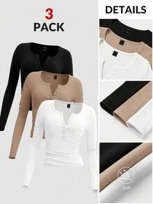 SHEIN EZwear 3 Set 3-Color Black, White, Khaki Plus Size Women Knitted T-Shirt, Suitable For Autumn/Winter Fall - Multicolor - View 7