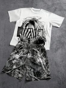 Manfinity ZONE917 Men's Loose Knit T-Shirt With Character Print And Drawstring Waist Shorts Set - White - View 1