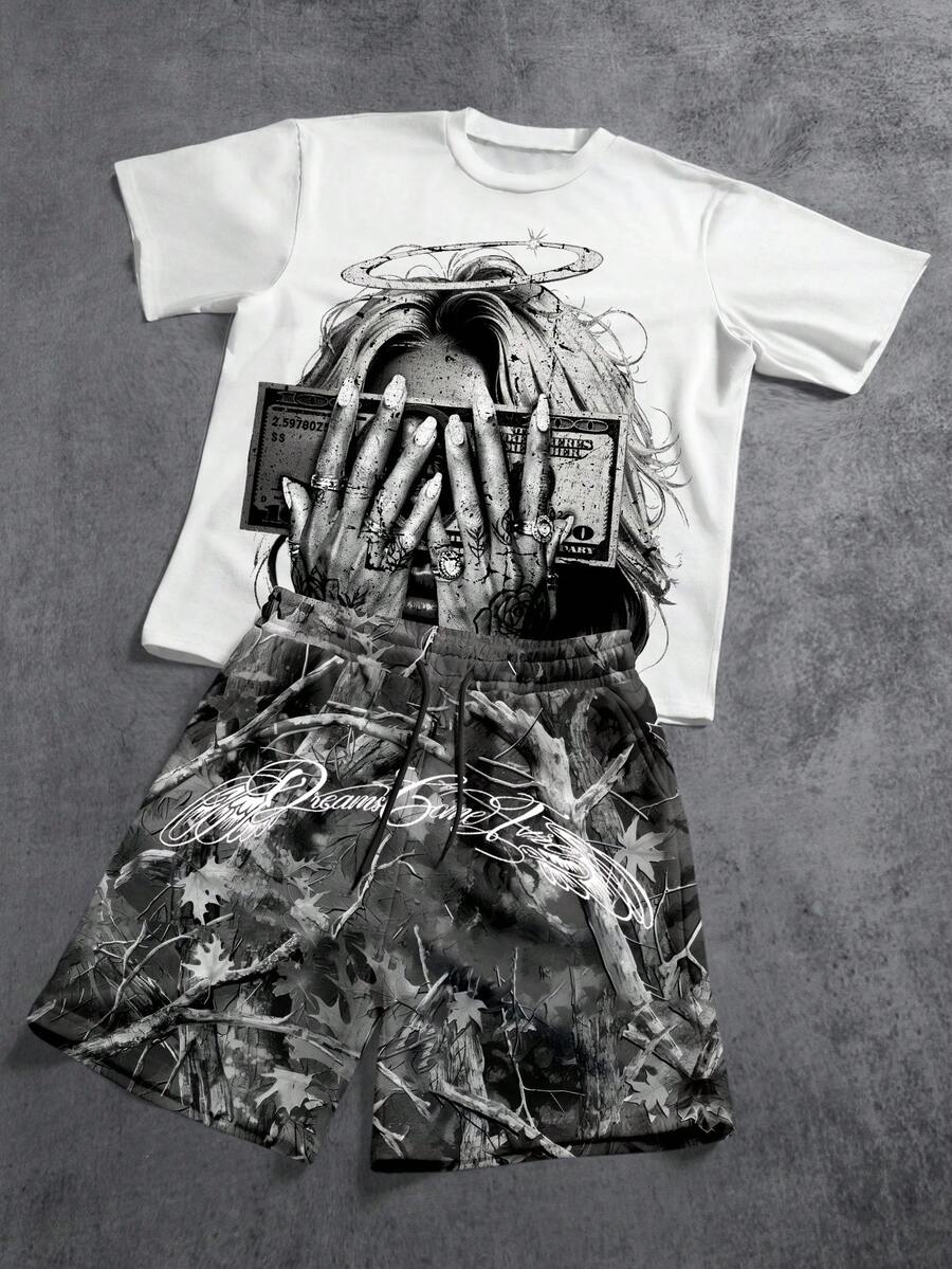 Manfinity ZONE917 Men's Loose Knit T-Shirt With Character Print And Drawstring Waist Shorts Set - White - View 1