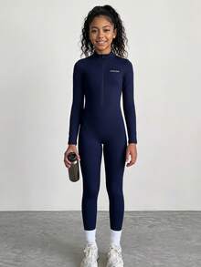This Sleek Black Jumpsuit For Tween Girlsfeatures A Form-Fitting Design That Elegantly Contours The Body. Crafted From Stretchy And Comfortable, Dance - Navy Blue - View 1