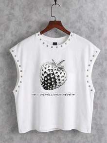 Manfinity ZONE917 White Metallic Beaded Cropped Tank Top With Metallic Strawberry Print Design - White - View 1