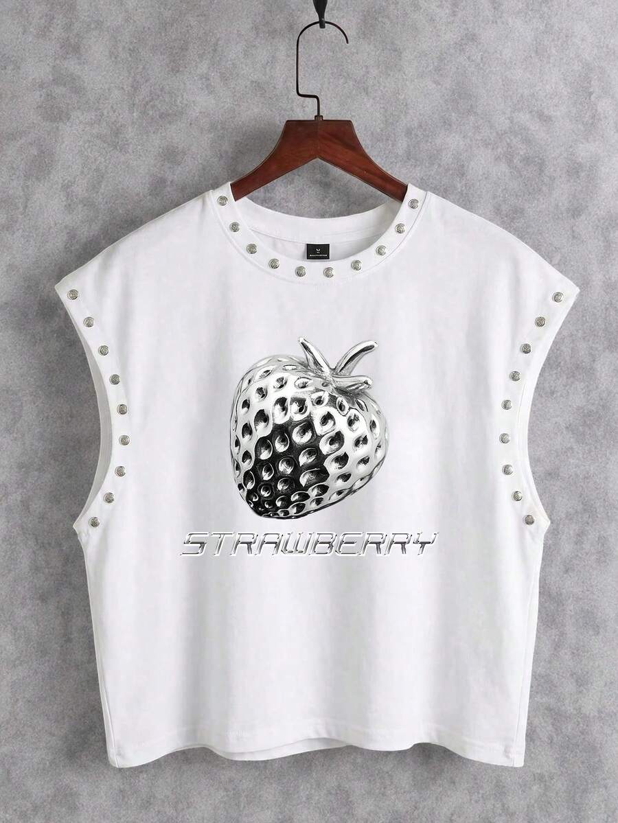 Manfinity ZONE917 White Metallic Beaded Cropped Tank Top With Metallic Strawberry Print Design - White - View 1