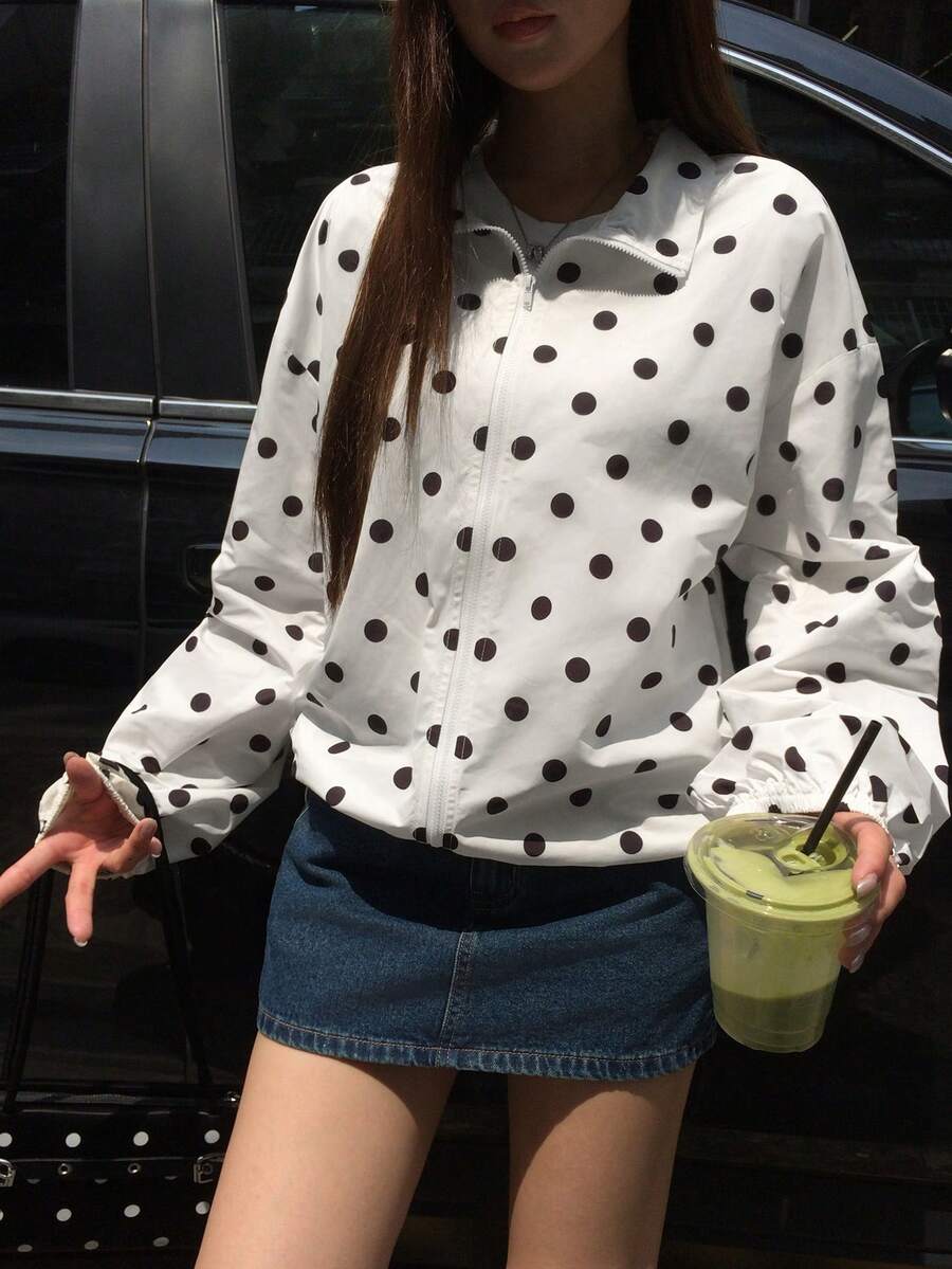 DAZY Women's Polka Dot Zipper Casual Versatile Daily Long Sleeve Jacket Fall - White - View 1