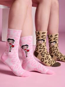 Betty Boop x SHEIN Miss Betty 女款中筒襪 2雙裝 - 混色 - 查看 1
