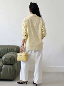 Solavon Women's Spring/Summer Casual Versatile 100% Cotton Yellow Long-Sleeve Shirt With Wrap-Style Panel And Lace Trim - Light Yellow - View 6