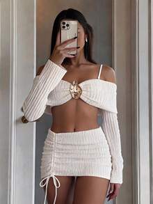 Bonvoyette Set Baju Renang Bikini Bandeau Seksi Warna Polos untuk Wanita, 3 Potong - Aprikot - View 5