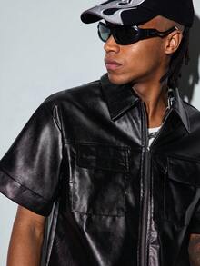 Modcrash Mens Black PU Leather Shirt, Short Sleeve Streetwear Button Down For Business Casual And Parties - Black - View 9