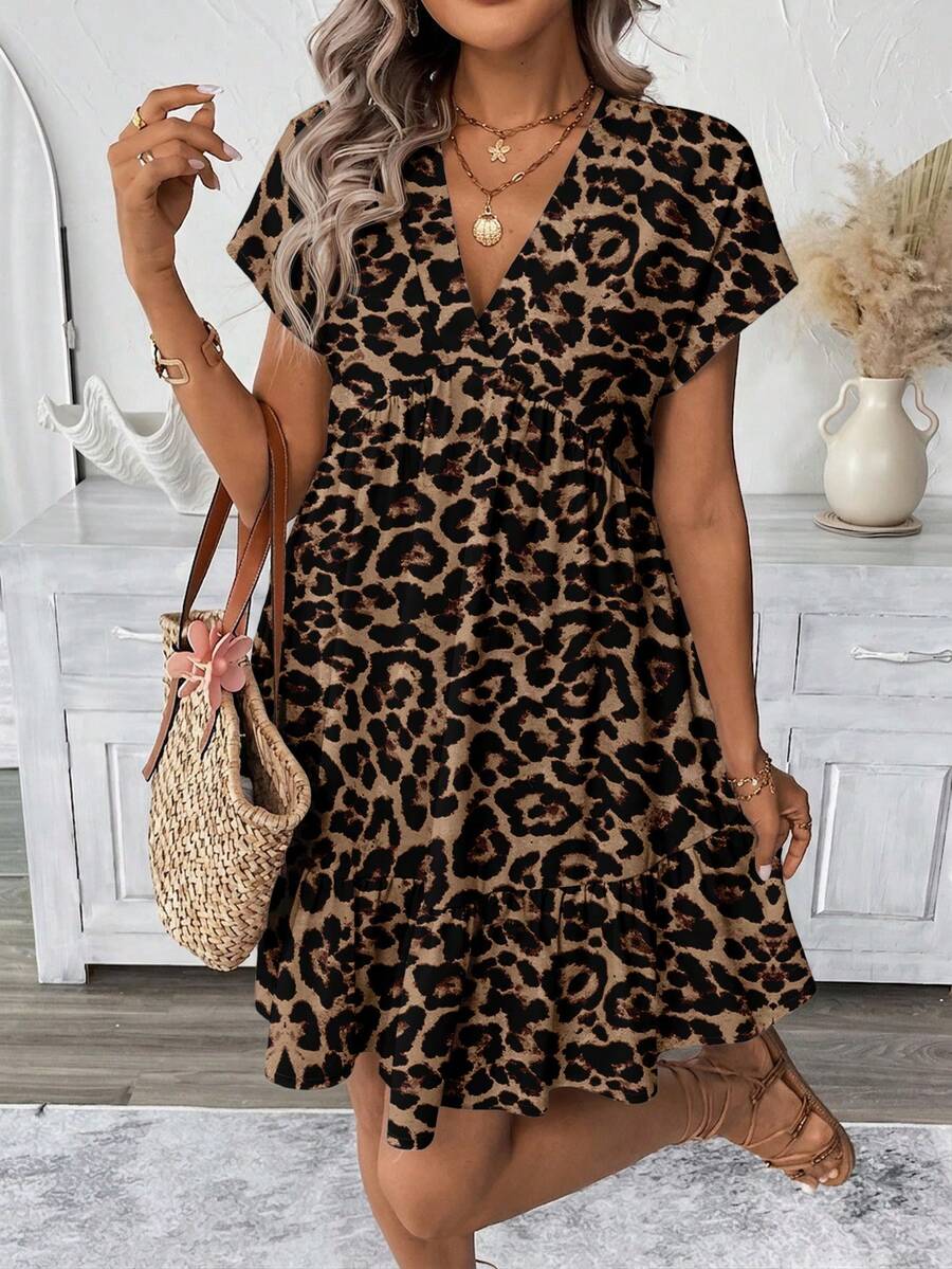 SHEIN LUNE Bohemian Vacation Casual Brown Leopard Print Dress - Multicolor - View 1