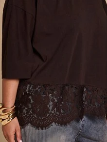 SHEIN BAE CURVE Plus Size Lace Patchwork Casual Loose T-Shirt - Brown - View 6