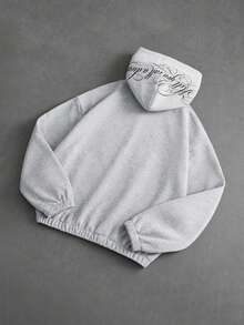 ROMWE MEN Áo nỉ dài tay có mũ in chữ phong cách thường ngày cho nam - Xám - Xem 3