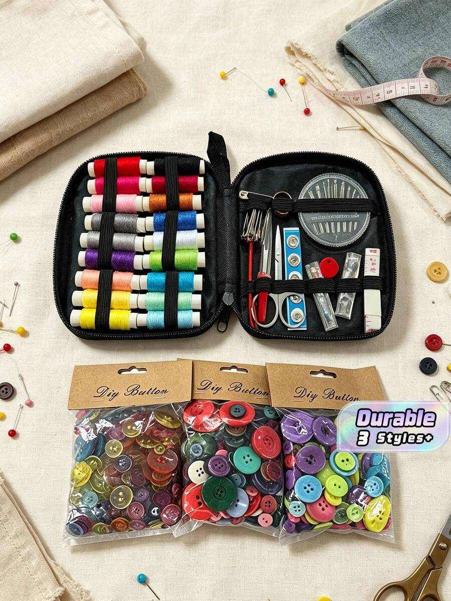 Kit de costura portátil para el hogar, kit de herramientas de costura multifuncional con botones surtidos para combinar, ideal para entusiastas del DIY - Multicolor - Ver 1