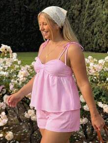 SHEIN EZwear Plus Size Women's Striped Pleated Camisole Top And Shorts Casual Sexy Elegant Cute Daily 2 Pieces Set Lounge Night Pink Summer Vacation Wedding Guest - Baby Pink - View 4
