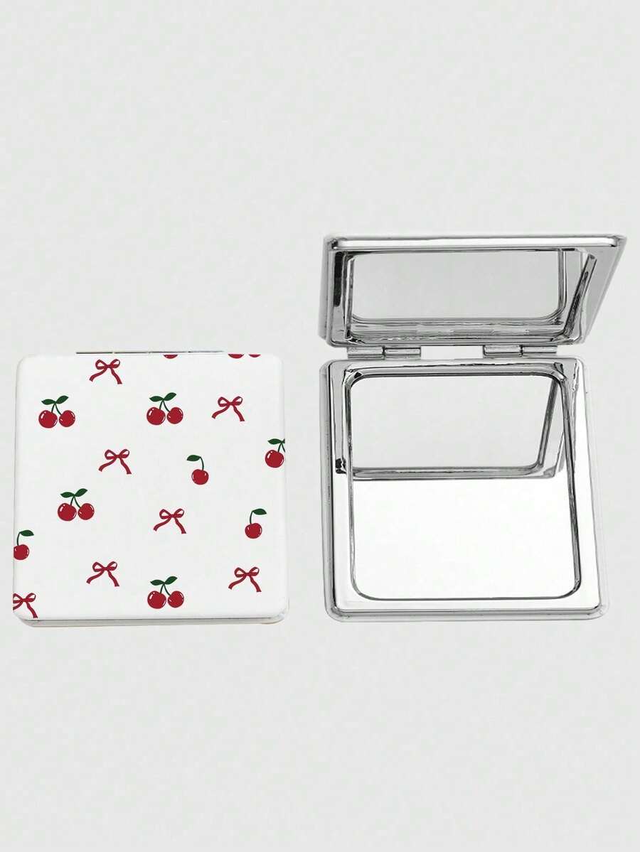 ROMWE Kawaii 1pc Pink Bow & Heart Print Square Makeup Mirror, Portable Hand Held Mirror For Girls (Pattern Placement Random) - Red and White - View 1