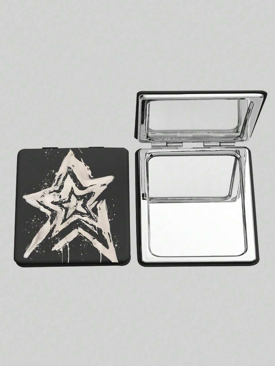 ROMWE 1 pieza Espejo cuadrado negro con patrón de estrellas aleatorio, espejo de mano portátil para maquillaje, adecuado para niñas - Multicolor - Ver 1