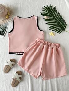 SHEIN Sparklyn ChillGRL 青少女 2件組淺粉色夏季可愛度假款無袖上衣與短褲套裝，圓領開襟衫配蝴蝶結鈕扣 - 粉色 - 查看 2