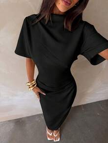 Aloruh New Solid Color Versatile Elegant Intellectual Minimalist Office Commute Waist-Cinching Ruched Decor Loose Top Fitted Hip Long Short Sleeve Dress - Black - View 4