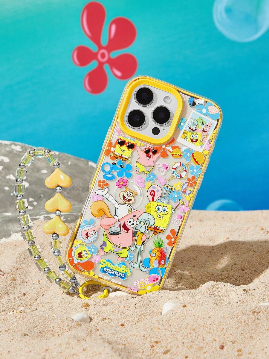 SpongeBob SquarePants | SHEIN Cartoon Pattern Yellow Three-In-One Mobile Phone Case With Anti-Drop Lanyard, Anti-Drop Protective IPhone13-17 Mobile Phone Case. - Multicolor - View 1