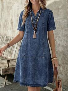 EMERY ROSE EMERY ROSE Women's Fashion Versatile Frog Button Short Sleeve Denim Dress Fall - Dark Wash - View 6