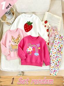 (1 Set Random) Baby Girl Cute Rainbow Colorful Flower Bee Strawberry Bow Deer Pattern Basic Crew Neck Sweatshirt With Leggings - Multicolor - View 6