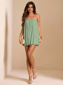 SHEIN BAE Spring/Summer Solid Apricot Strapless Mesh Puff Mini Dress, Elegant Sexy Ruched Mini Dress - Mint Green - View 3