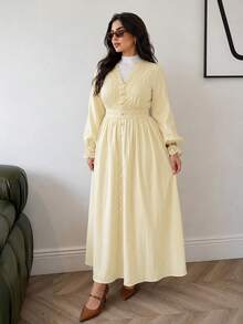 Solavon Vestido Talla Grande con Encaje Francés, Patchwork, Botones, Puños Acampanados, Amarillo, Otoño, Elegante, Casual, Celestial, para Brunch, Fiesta Formal Temática - Amarillo - Ver 7