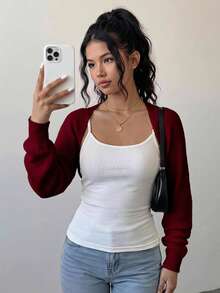 SHEIN Girlism 青少年女孩白色短版羅紋針織紋理休閒短版開襟衫，秋季防曬日常百搭外套 - 酒紅色 - 查看 3