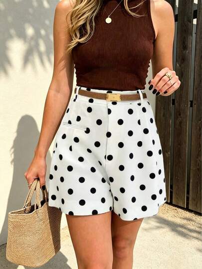 Vaclyn Plus Size Women's Casual Elegant Black And White Polka Dot Faux Pocket High Waist Knee Length Shorts, Daily Casual Vacation Beach Office Fashion Shorts