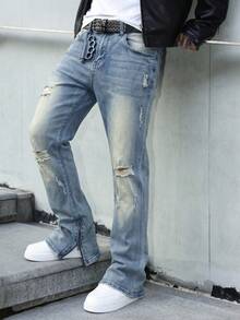 Manfinity Roghcode Men's Light Blue Distressed Horseshoe Jeans Slim Fit Stretch Long Pants Vacation Summer Street Wear - Light Wash - View 5