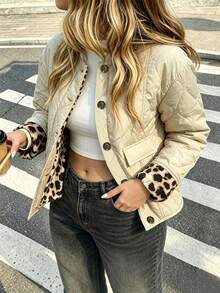 SHEIN LUNE CURVE Market Casual Quilted Gourd Ripple Lining Leopard Print Pattern Plus Size Women's Padded Coat - Khaki - View 3