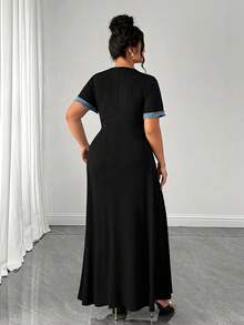 SHEIN CURVE+ Plus Size Women's Knitted Ribbed Fabric Long Dress, Short Sleeve Sexy Slim Fit Button Elegant Party Dress - Black - View 2
