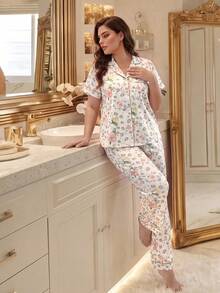 MuseNap CURVE Floral Faux Silk Open Front Shirt Style Plus Size Pajama Set Night White Summer - Multicolor - View 3