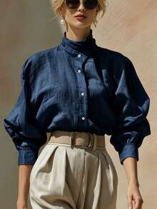 SHEIN Women's Solid Color Single-Breasted Casual Versatile Daily Wear Shirt - Navy Blue - View 5