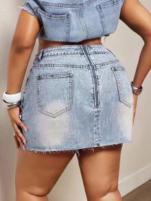 Slaydiva Plus Size Asymmetrical Distressed Patchwork Denim Mini Skirt, Summer - Blue - View 2