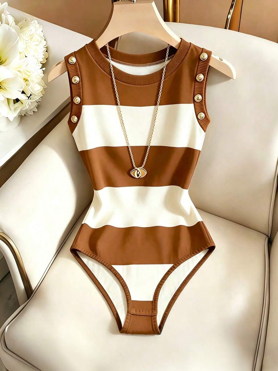 SHEIN Franclia 女款新款極簡時尚水鑽扣飾修身連身衣 - 棕色 - 查看 1