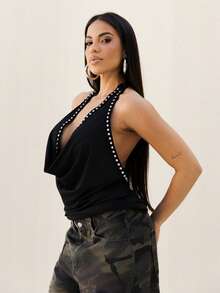 Maju Mazalli Women's Y2K Sexy Draped Collar Backless Studded Halter Top Summer Top Rave Festival Black - Black - View 6