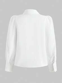 SHEIN Tween女孩休閒簡約舒適翻領長袖荷葉邊飾襯衫 - 白色 - 查看 2