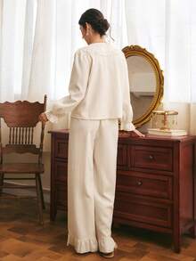 Côtesoire Women's Romantic Minimalist Lace Patchwork Long Sleeve Pants Pajama Set - Apricot - View 2