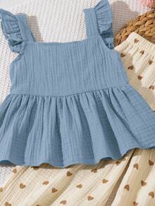 SHEIN Genkimix Kids 女童 (小號) 2件套，純色上衣與愛心印花長褲套裝，適合春/夏季外出與度假的可愛套裝 - 藍色 - 查看 3