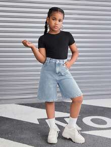 SHEIN Tween Girl Retro Washed Loose Fit Baggy Bermuda Denim Shorts With Slanted Pockets, Fall Streetwear - Light Wash - View 5