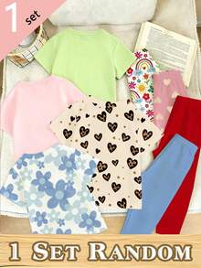(1 Random SET)Young Girls Leopard Print Heart Polka Dot Bow Cherry Cute Rabbit Rainbow Flower Short T-Shirt And Leggings Set Spring Autumn Outfit - Multicolor - View 2