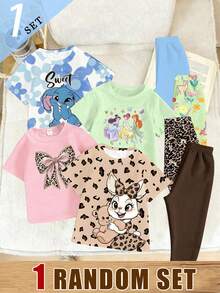 1 Random Set Girls' Kawaii Leopard Print Bow, Blue Rabbit Teddy Bear, Basic Short T And Base Pants Set Back-To-School School - Multicolor - View 3
